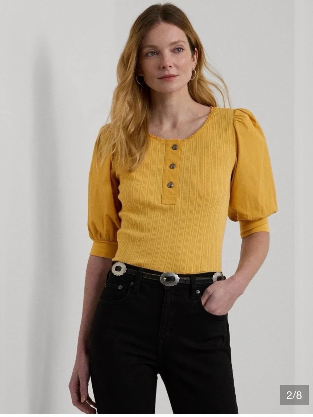 Ralph Lauren Pointelle Puff-Sleeve Henley Tee Mustard Puff-Sleeve Top